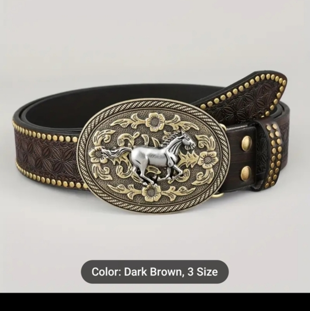 New 47" PU brown leather belt and horse belt buckle.  Choose oval or square